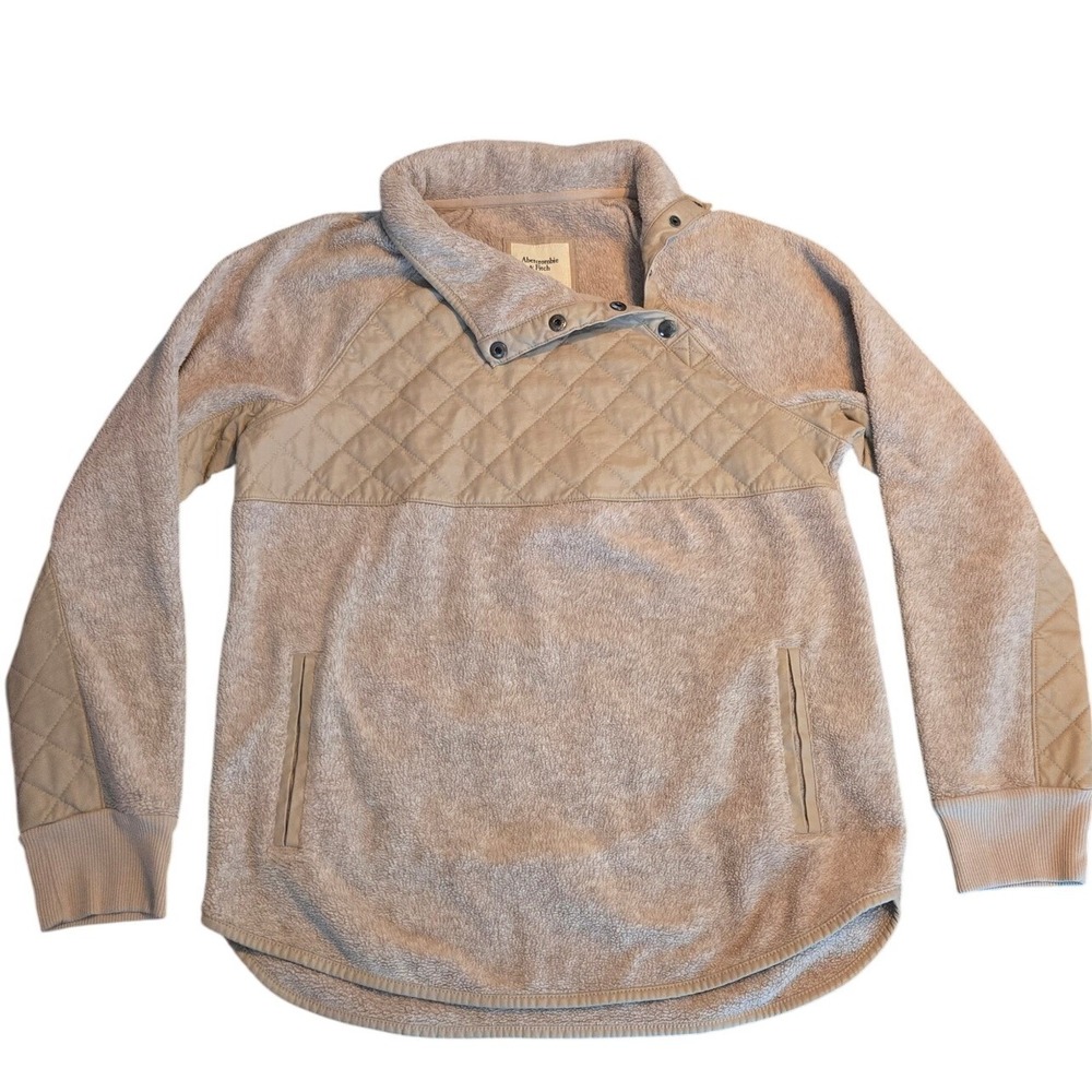 Abercrombie & Fitch Women's Sherpa Fleece Pullover Jacket Med Beige Quilted snap